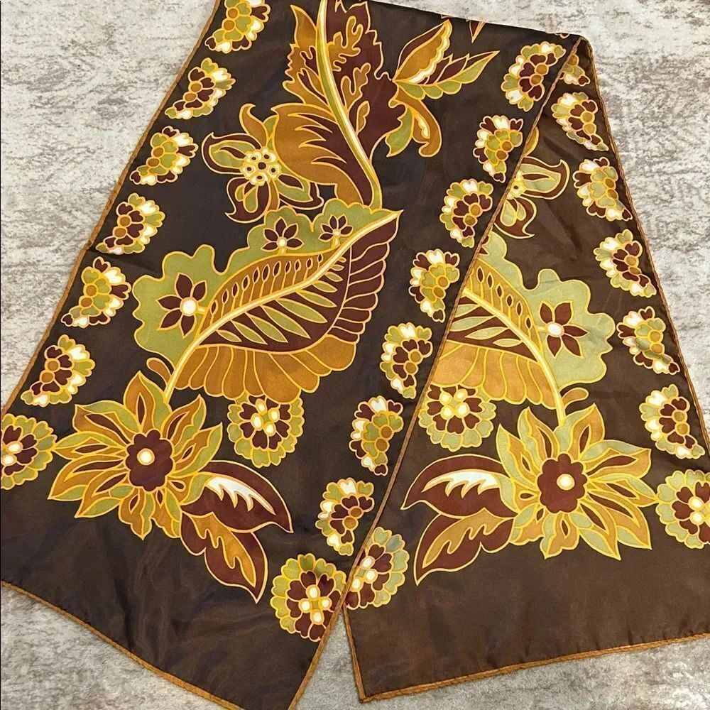 Vintage Brown and orange polyester Floral Patterned Scarf